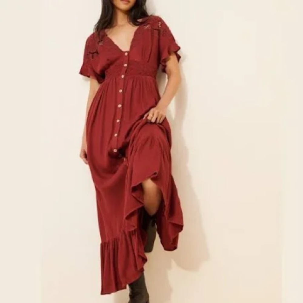 Free People Colette Maxi Dress with floral embroidery button down size small